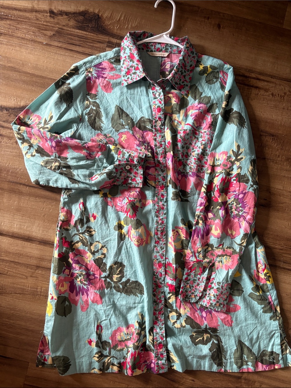 Soft Surroundings Aqua Floral Button-Front Longline Shirt Dress